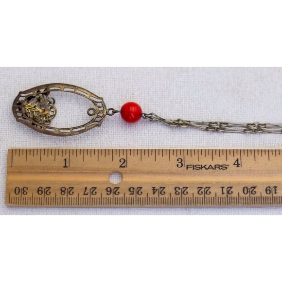 18 inch, Vintage Silver Tone Avant Garde Basket with Red Bead Necklace - L1 - Picture 3 of 3